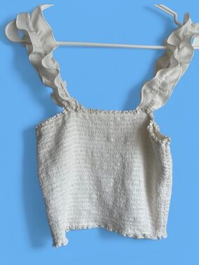 Aerie White Smocked Top With Ruffled Poly Crepe Straps Size Small